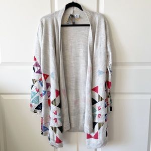 Desigual Light Gray Open-Front Cardigan with Multicolor Geometric Trim